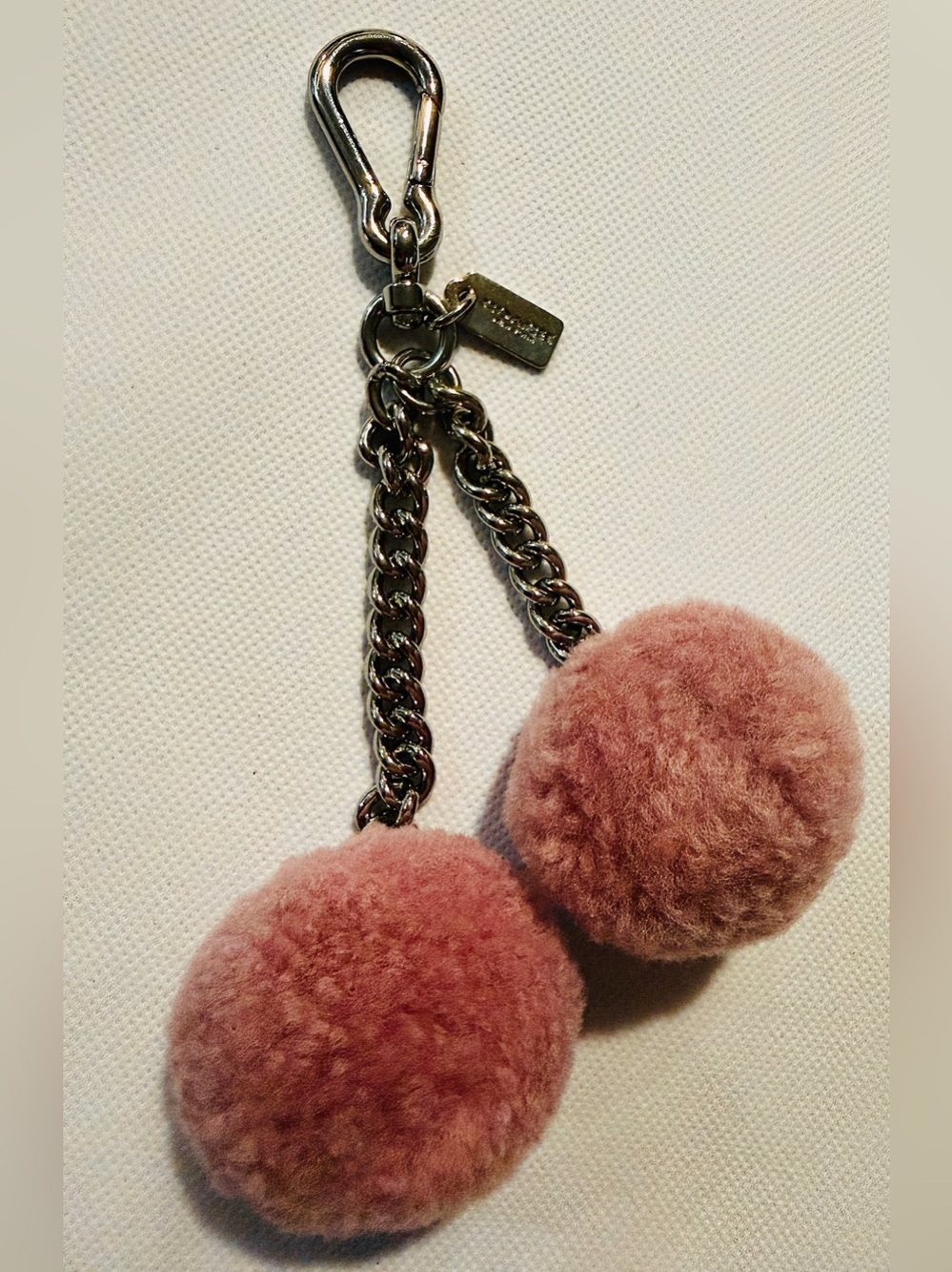 Coach Dusty Pink Double Pom-Pom Key Charm with Silver Chain